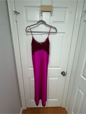 LoveShackFancy Magenta Slip Dress with Dark Lace